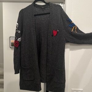 Trendy Dark Gray Cardigan with Embroidered Accents